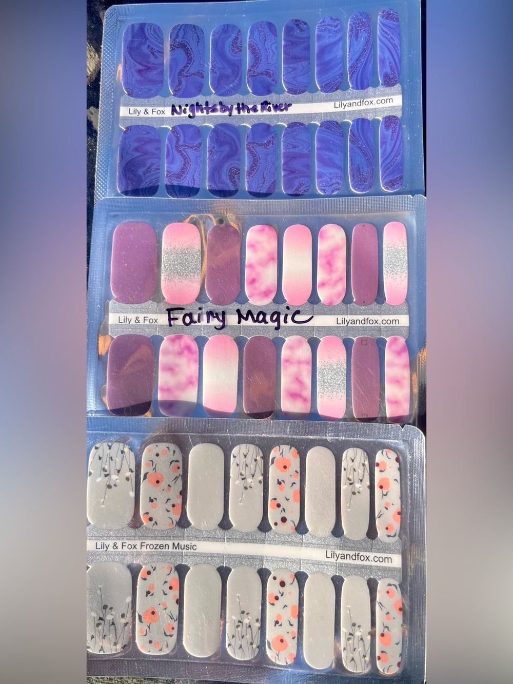 Lily & Fox Nail Polish Strip Set โ Assorted Purple, Pink, Blue & Red Designs - Picture 3 of 4